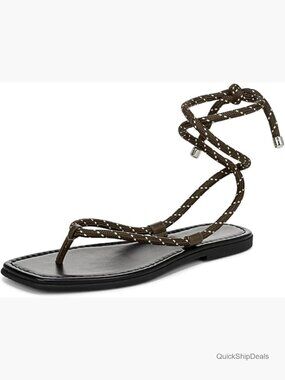 Rope Flat Sandals Lace Up Open Square Toe Adjustable Ankle Strap